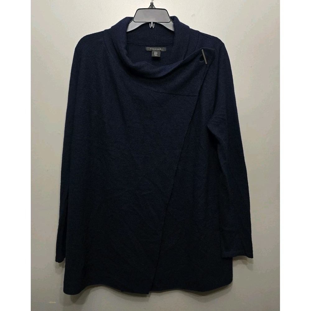 Tahari Navy Blue Merino Wool Blend Asymmetrical Wrap Cowl Neck Sweater Womens M